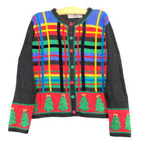 Paul Harris Women's Christmas Tree Cardigan Sweater Multi L Embellished Vintage